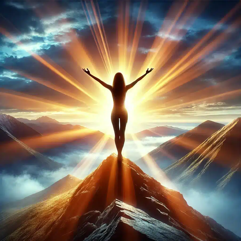 Transformative-Coaching A powerful visual of a woman-standing on a mountain peak at sunrise arms open wide symbolizing personal transformation success and inner empowerment