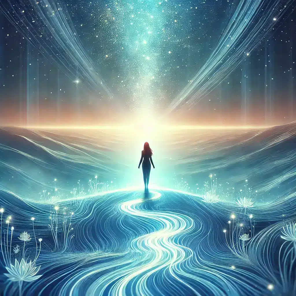 Transformative Coaching - A serene and inspiring digital illustration of a woman standing at the edge of a glowing path, symbolizing a transformative journey of self-discovery