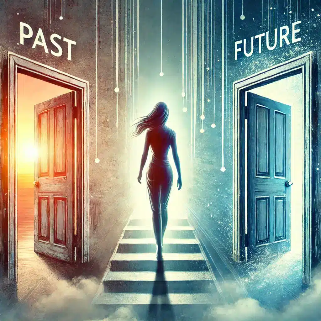 Transformative Coaching - A conceptual artwork of a woman standing between two doors—one representing her past and the other her transformed future.